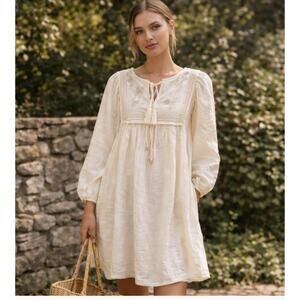 NWT Unsubscribed Embroidered Ivory Swing Mini Dress Sz 2 Oversized Boho Peasant